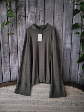 Olive Green Ribbed Mock Neck Sweater XL Bell Sleeve NWT MARILOU DESIGN